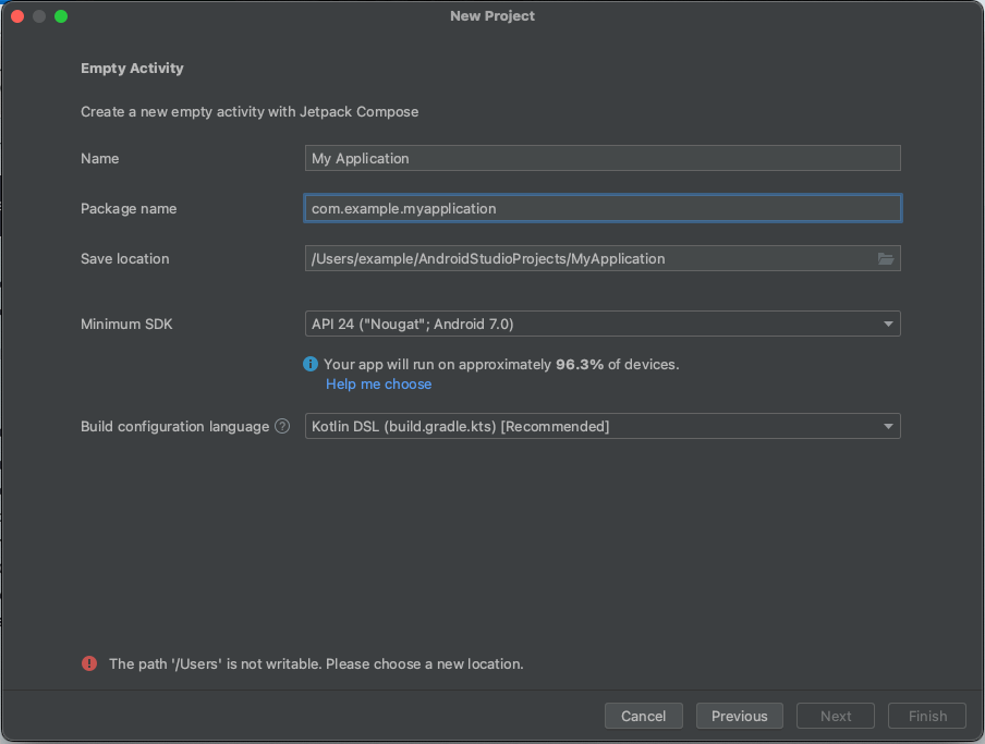 Project configuration form with Name FirstApp, package com.example.firstapp, Minimum SDK API 24