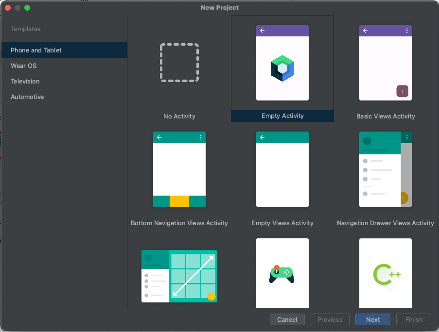 Android Studio template picker with Empty Activity selected